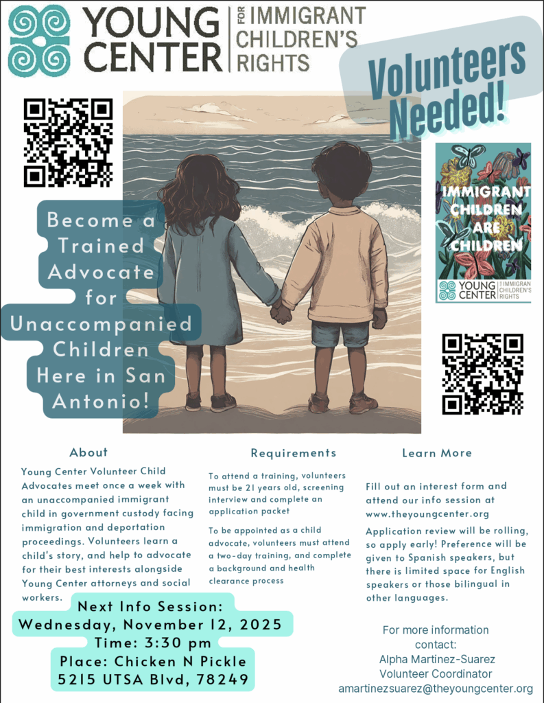 Flyer for the Young Center for Immigrant Children’s Rights seeking volunteers. It includes info about training, an info session on Nov 1, 2023 at Chicken N Pickle, and a photo of two people holding hands.