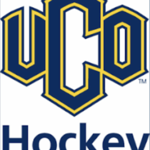 Logo for UCO Hockey featuring large, stylized gold and blue letters UCO outlined in yellow, with the word Hockey in navy blue below—part of a Giveback Benefiting Vets for Youth initiative.
