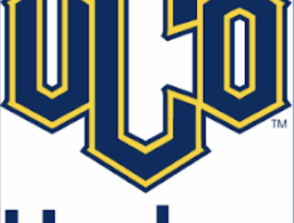 Logo for UCO Hockey featuring large, stylized gold and blue letters UCO outlined in yellow, with the word Hockey in navy blue below—part of a Giveback Benefiting Vets for Youth initiative.