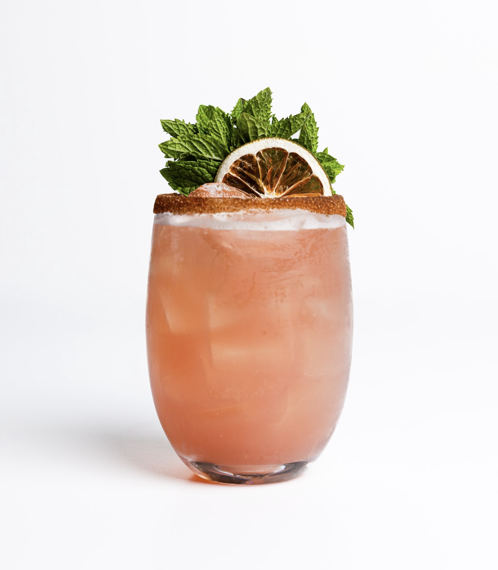 A pink iced cocktail from the Menu sits in a glass with a spiced rim, garnished with a dried citrus slice and fresh mint leaves, against a white background.