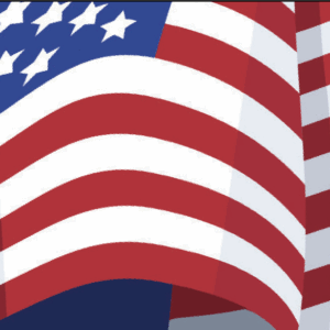 Illustration of the United States flag with red and white stripes and white stars on a blue field, shown waving with folds and curves.