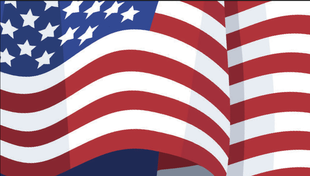 Illustration of the United States flag showing red and white stripes waving, with white stars on a blue field in the top left corner, representing patriotism and national pride.
