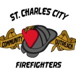 A logo featuring a firefighter helmet and red heart at the center, a gold ribbon reading Community Outreach, and the words St. Charles City Firefighters, highlighting Giveback Benefiting Vets for Youth.
