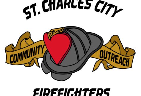 A logo featuring a firefighter helmet and red heart at the center, a gold ribbon reading Community Outreach, and the words St. Charles City Firefighters, highlighting Giveback Benefiting Vets for Youth.