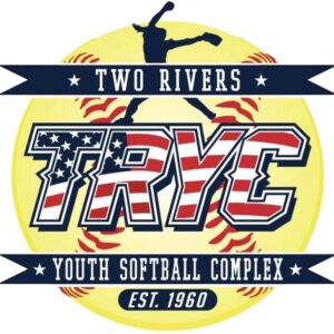 Logo for Two Rivers Youth Softball Complex with TRYC in bold, stars-and-stripes letters, a silhouette of a pitcher, and “Est. 1960” on yellow—giveback benefiting vets for youth programs in our community.