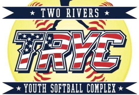 Logo for Two Rivers Youth Softball Complex with TRYC in bold, stars-and-stripes letters, a silhouette of a pitcher, and “Est. 1960” on yellow—giveback benefiting vets for youth programs in our community.