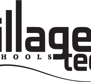 Logo with the words village tech in bold, black lowercase letters, SCHOOLS in small uppercase letters underneath, and a curved line sweeping beneath the text—highlighting a Giveback Benefiting Vets for Youth.