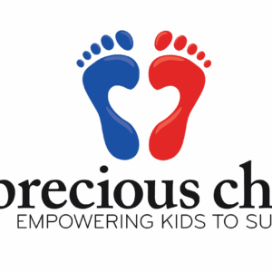 Logo for A Precious Child featuring blue and red footprints forming a heart above the text “a precious child® EMPOWERING KIDS TO SUCCEED” on a white background, benefiting youth through giveback programs.