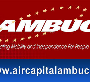 Two children with helmets ride adaptive bikes against a red background. White and yellow text reads AMBUCS Creating Mobility and Independence For People With Disabilities—giveback initiatives benefiting vets and youth. Website: www.aircapitalambucs.com.