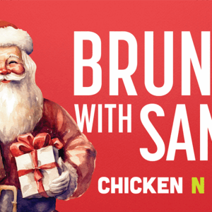 Illustration of Santa Claus holding wrapped gifts, smiling on a red background. Beside him, large white text reads “Brunch with Santa.” Logo below says “Chicken N Pickle.”.
