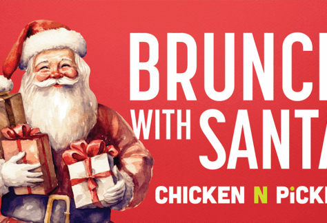 Illustration of Santa Claus holding wrapped gifts, smiling on a red background. Beside him, large white text reads “Brunch with Santa.” Logo below says “Chicken N Pickle.”.