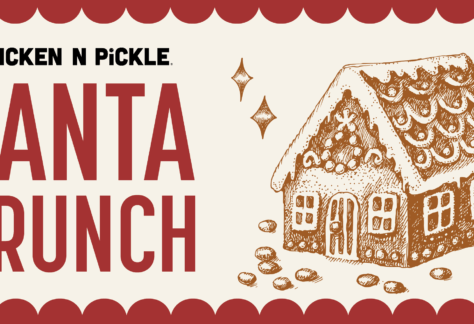 Illustration of a gingerbread house with candies, sparkles, and large text reading CHICKEN N PICKLE. SANTA BRUNCH on a decorative background.