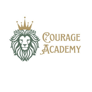 Logo featuring a lion’s head with a crown on top, drawn in green. To the right, the gold “COURAGE ACADEMY” text highlights that this Giveback Benefiting Vets for Youth initiative stands out on a clean white background.