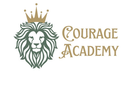 Logo featuring a lion’s head with a crown on top, drawn in green. To the right, the gold “COURAGE ACADEMY” text highlights that this Giveback Benefiting Vets for Youth initiative stands out on a clean white background.