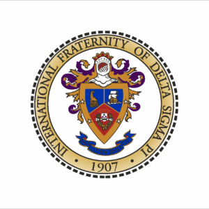 A circular crest with a gold border reads International Fraternity of Delta Sigma Pi 1907 surrounding a detailed coat of arms featuring a shield, knight’s helmet, and various symbols in red, blue, and gold.