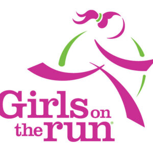 Logo for Girls on the Run, featuring a stylized figure of a girl running in pink and green, with the words "Girls on the Run" in bold pink and purple letters below—giveback benefiting vets for youth programs.
