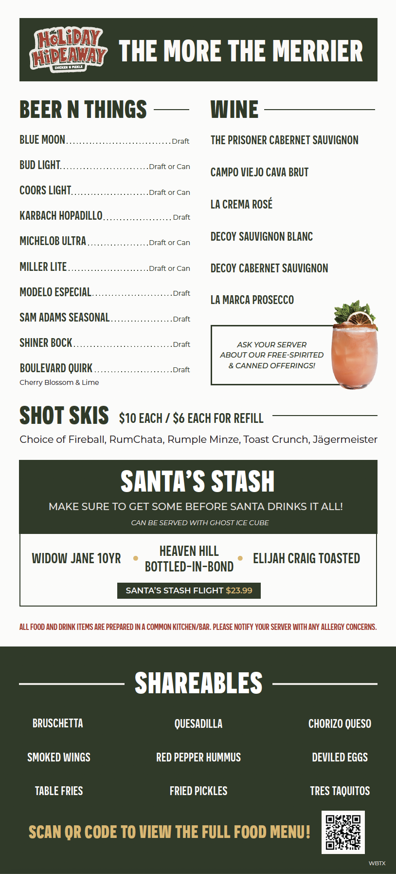 Menu with sections for beer, wine, cocktails, and shareable food. Features holiday-themed drinks, a list of beers, wines, and shareables like bruschetta, quesadilla, and cheese curds. A QR code is at the bottom.
