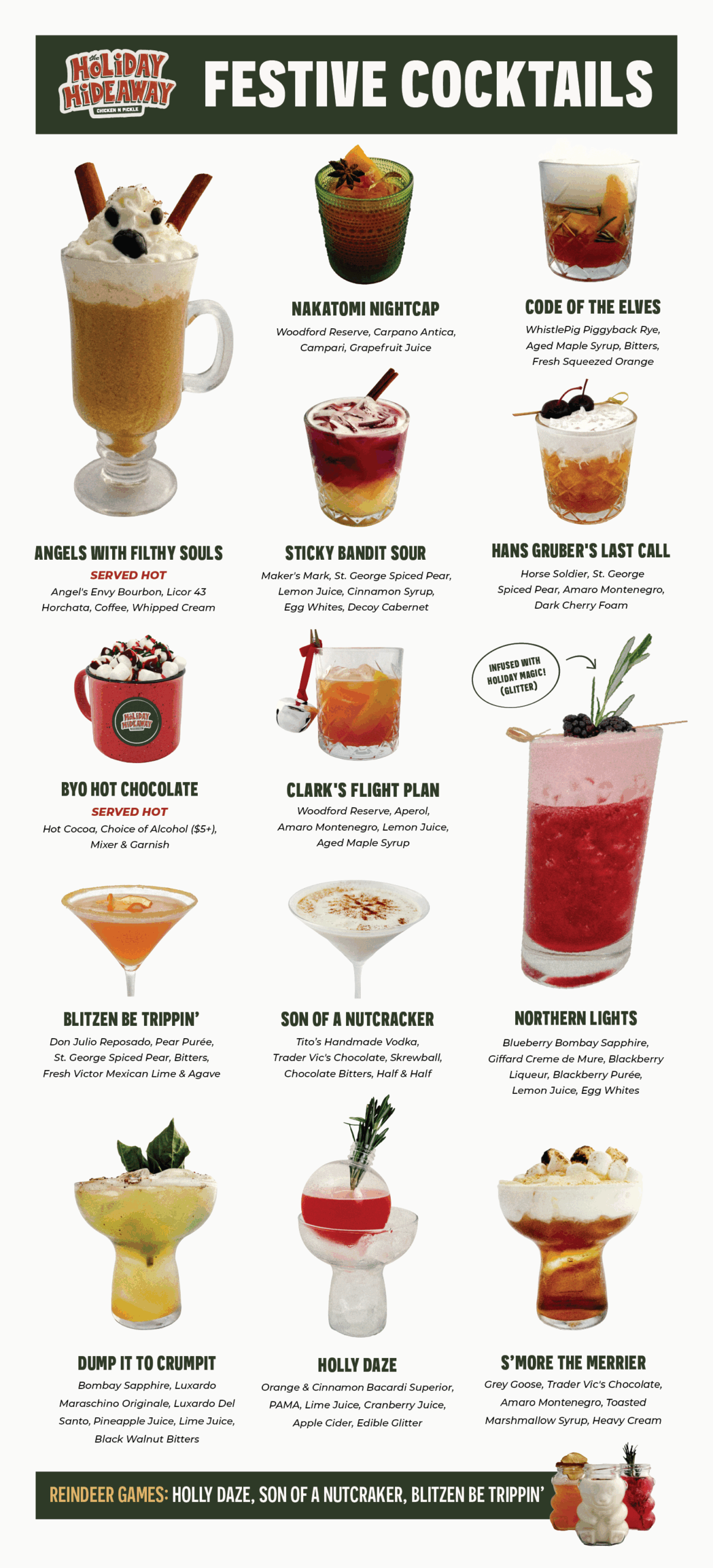 A festive cocktail menu featuring twelve holiday-themed drinks, each with a name, description, and photo of the cocktail, arranged in a grid with playful decorations and a reindeer-shaped cookie at the bottom.