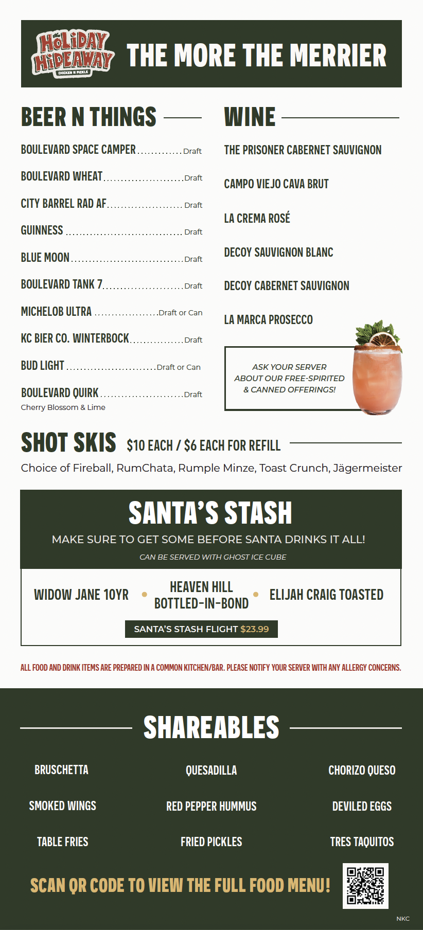 Menu for Holiday Hideaway featuring beer, wine, specialty shots (Shot Skis), whiskey flights (Santas Stash), and shareable foods like bruschetta, quesadilla, deviled eggs, and more.