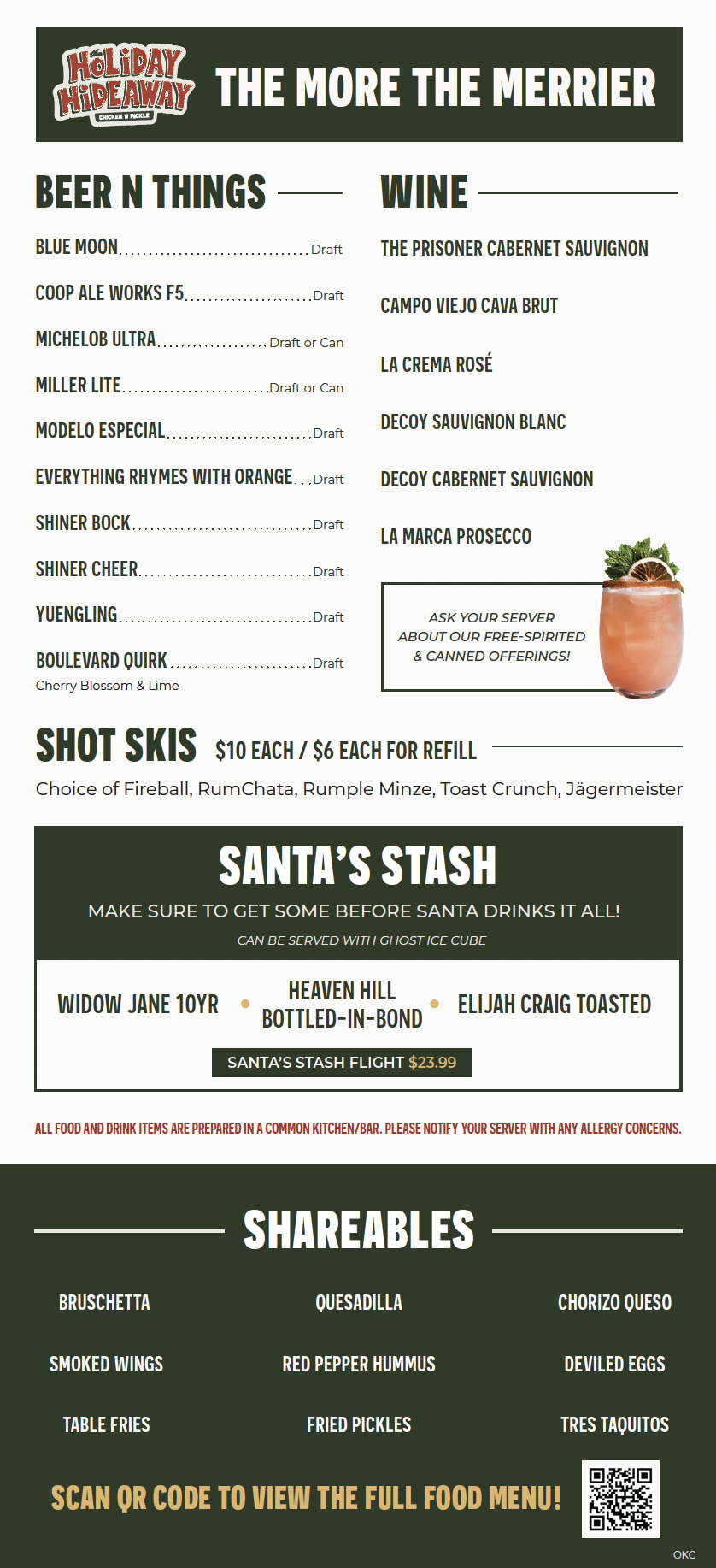 A holiday-themed menu titled The More The Merrier lists beers, wines, shot skis, Santa’s whiskey stash, and shareable appetizers, with a QR code at the bottom to view the full menu.
