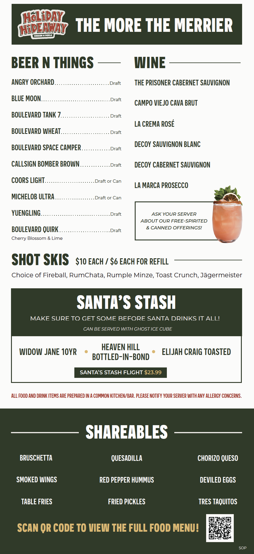 A festive bar menu titled “The More the Merrier,” listing draft beers, wines, shot skis, spirits, and shareable appetizers. A QR code is at the bottom for the full menu, with a holiday theme and green accents.