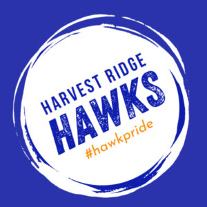 A blue and white circular logo with the text Harvest Ridge Hawks in blue, #hawkpride in orange on a blue background—proudly supporting Giveback Benefiting Vets for Youth.