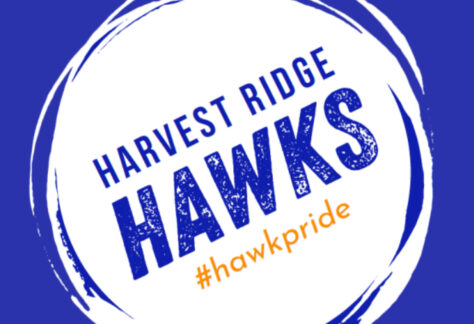 A blue and white circular logo with the text Harvest Ridge Hawks in blue, #hawkpride in orange on a blue background—proudly supporting Giveback Benefiting Vets for Youth.
