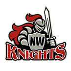 A stylized knight in silver armor and a red cape holds a sword and shield labeled “NW.” Below, “Knights” is boldly written, highlighting a Giveback Benefiting Vets for Youth with striking red letters outlined in black and white.