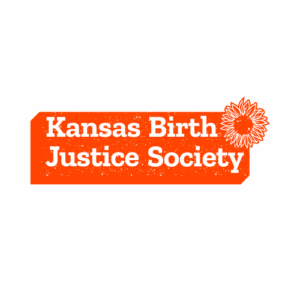 Logo for Kansas Birth Justice Society featuring bold white text on an orange, rectangular background with a line art sunflower on the top right corner, highlighting their giveback efforts benefiting Vets for Youth.