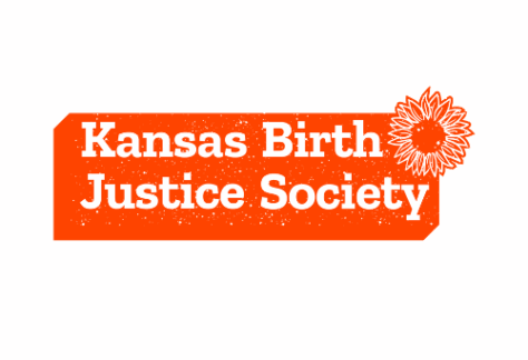 Logo for Kansas Birth Justice Society featuring bold white text on an orange, rectangular background with a line art sunflower on the top right corner, highlighting their giveback efforts benefiting Vets for Youth.