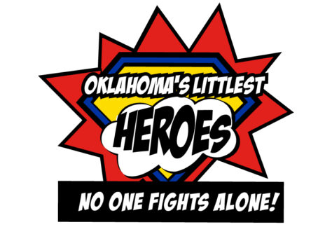 A superhero emblem with red and yellow bursts reads Oklahomas Littlest Heroes in bold comic-style text, with No one fights alone! written below on a black banner.