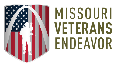 A shield with an American flag background, the Gateway Arch, and a white silhouette of a soldier symbolizes Giveback Benefiting Vets, next to the words Missouri Veterans Endeavor in large olive-green letters.