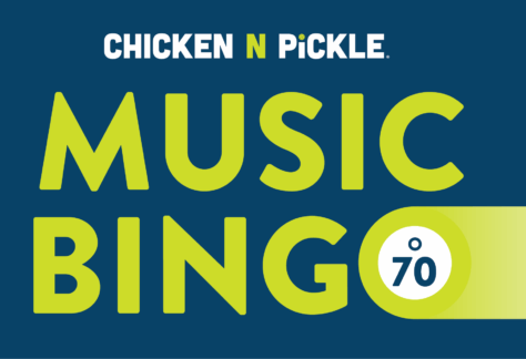 Chicken N Pickle Music Bingo logo with large green text and a bingo ball marked 70 on a blue background.
