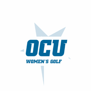 The image features the text OCU Womens Golf in bold blue letters, with a light blue starburst graphic in the background on a white field.