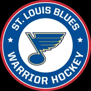 A circular logo with ST. LOUIS BLUES WARRIOR HOCKEY in white on a blue ring, two white stars, and a yellow winged musical note outlined in blue and gold. The red outer edge highlights the Giveback Benefiting Vets for Youth mission.
