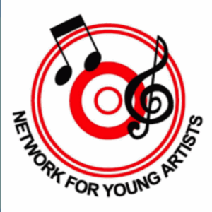 Logo with three red concentric circles, a black treble clef, and musical notes above and to the left. Text below reads NETWORK FOR YOUNG ARTISTS in black, curved around the circles.