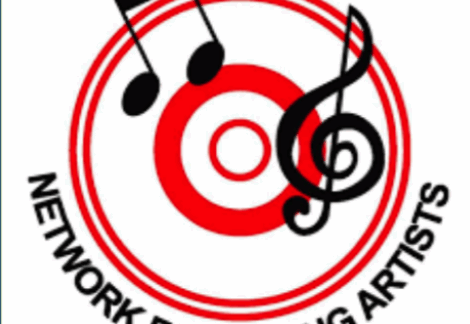 Logo with three red concentric circles, a black treble clef, and musical notes above and to the left. Text below reads NETWORK FOR YOUNG ARTISTS in black, curved around the circles.