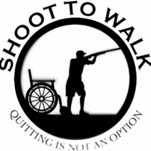 A silhouette of a person aiming a shotgun stands next to an empty wheelchair. The text above reads SHOOT TO WALK and below, QUITTING IS NOT AN OPTION.
