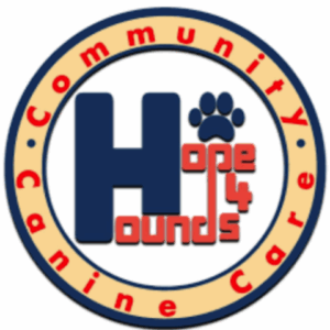 Logo for Hope 4 Hounds featuring a large blue H, a paw print, and the words Community Canine Care in a circular border. The text Hope 4 Hounds is inside the H.