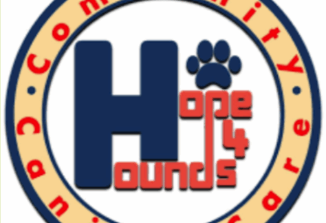 Logo for Hope 4 Hounds featuring a large blue H, a paw print, and the words Community Canine Care in a circular border. The text Hope 4 Hounds is inside the H.