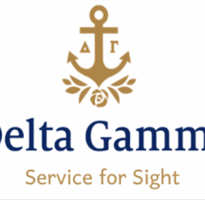 A gold anchor with Greek letters Δ and Γ above leafy branches is pictured above the words Delta Gamma in blue and Service for Sight in gold.