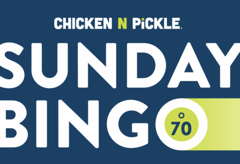 A graphic with the text CHICKEN N PICKLE. SUNDAY BINGO and a bingo ball marked O 70 on a blue and yellow background.