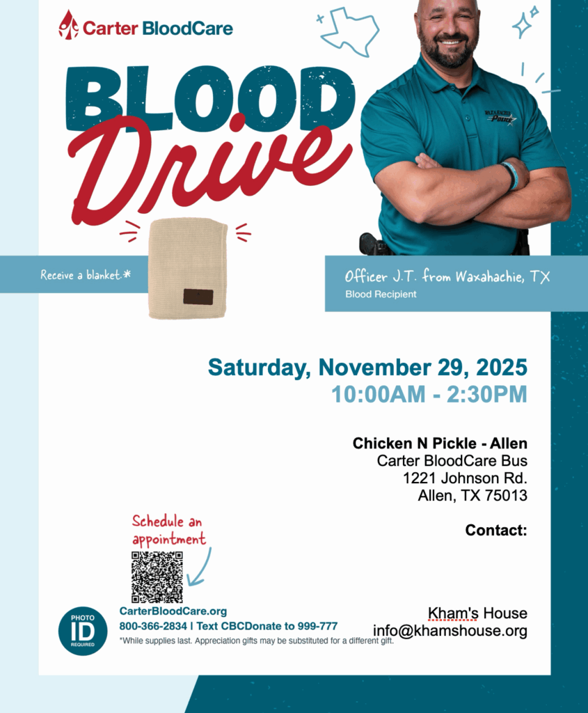 Promotional flyer for a Carter BloodCare blood drive on November 29, 2025, from 10 AM to 2:30 PM at Chicken N Pickle in Allen, TX. Donors receive a blanket; photo ID required. Features signup info and a blood recipients story.