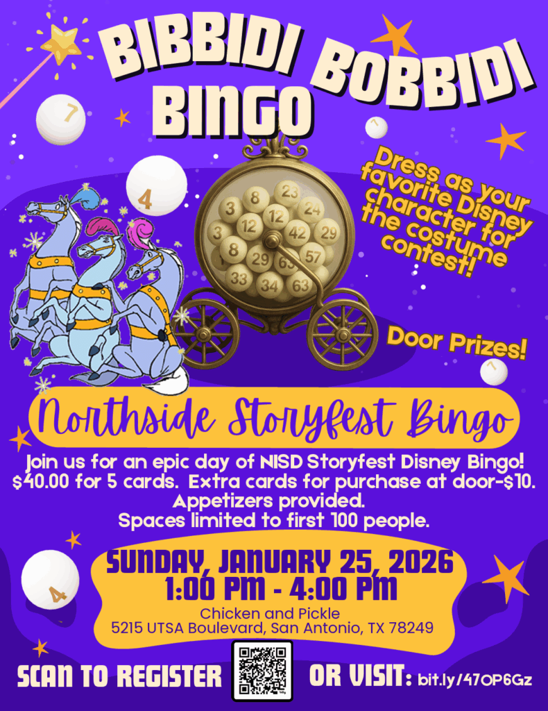 Colorful flyer for Bibbidi Bobbidi Bingo with Disney castle, coach, and costumed characters. Event details: Jan 25, 2026, 1–4pm, Chicken and Pickle, San Antonio. Costume contest, door prizes, $40 for 5 cards, RSVP limited.
