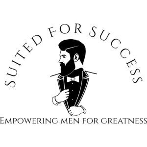 Logo with an illustration of a man in a suit adjusting his jacket. Curved text above reads Suited for Success, and text below says Empowering Men for Greatness—Benefiting Vets for Youth through a meaningful giveback initiative.
