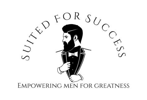 Logo with an illustration of a man in a suit adjusting his jacket. Curved text above reads Suited for Success, and text below says Empowering Men for Greatness—Benefiting Vets for Youth through a meaningful giveback initiative.