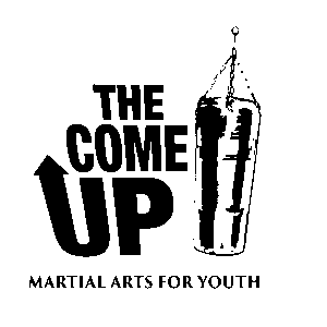 Black and white logo with the text THE COME UP beside an illustrated hanging punching bag, and MARTIAL ARTS FOR YOUTH written below. An upward arrow forms part of the text UP.