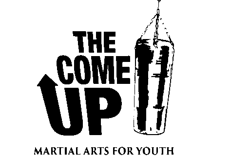 Black and white logo with the text THE COME UP beside an illustrated hanging punching bag, and MARTIAL ARTS FOR YOUTH written below. An upward arrow forms part of the text UP.