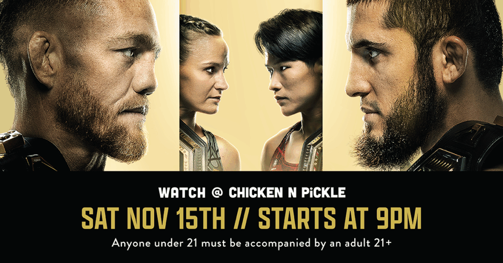 Promotional poster for a mixed martial arts event featuring two male and two female fighters facing each other, with text: Watch @ Chicken N Pickle. Sat Nov 15th // Starts at 9pm. 21+ only, minors with adult.