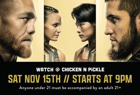 Promotional poster for a mixed martial arts event featuring two male and two female fighters facing each other, with text: Watch @ Chicken N Pickle. Sat Nov 15th // Starts at 9pm. 21+ only, minors with adult.